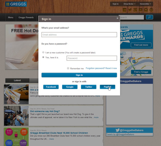 Greggs Rewards: Social signin screen