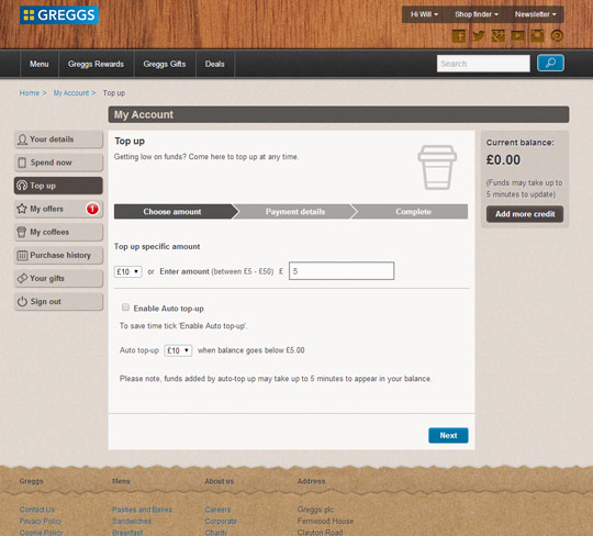 Greggs Rewards: Top up order process