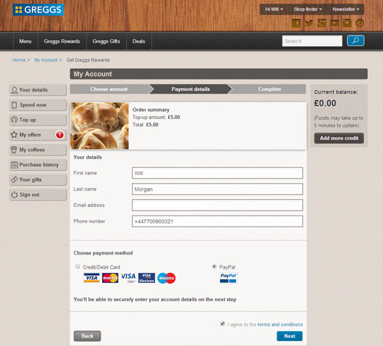 Greggs Rewards: Payment choice screen