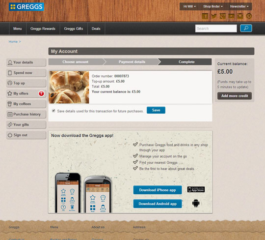 Greggs Rewards: Order complete page